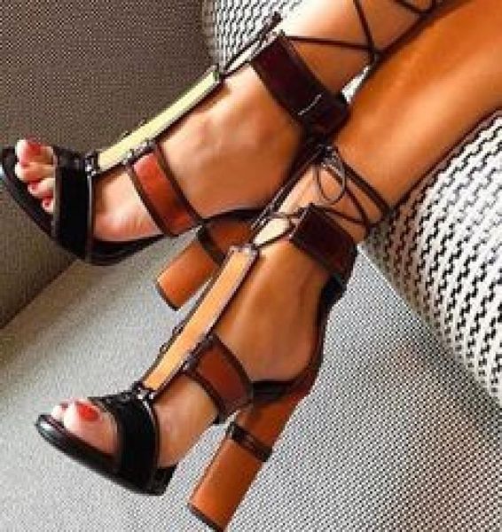 

fashion patchwork women chunky high heels gladiator sandals ankle wrap tie up women pumps prom sandalias mujer shoes woma1417385, Black