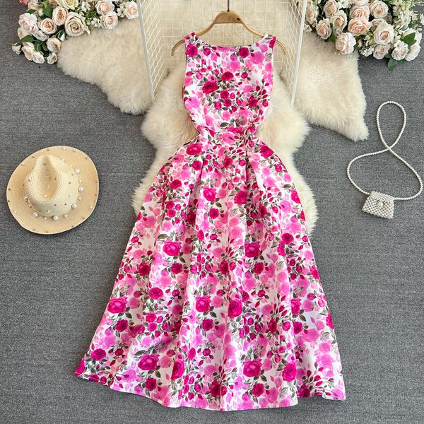 

gentle style ladies tank dress summer korean sleeveless round neck slim waist length a-line fragmented flower dress, Black;gray