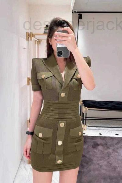 

casual dresses designer spring summer new french celebrity metal button shoulder pad decorative v-neck thin buttock knit dress hp4m, Black;gray