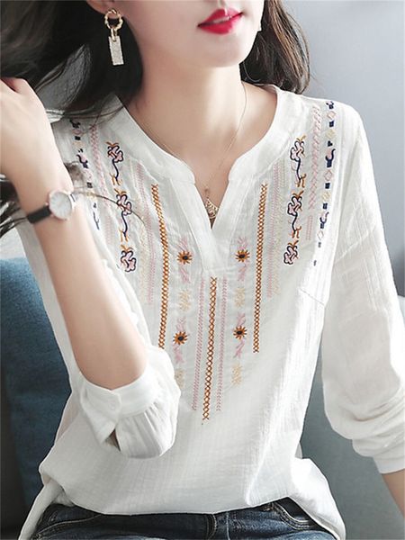 

women's blouses shirts women spring autumn white blouses lady casual embroidery v-neck long sleeve vintage loose blusas df4272 230316