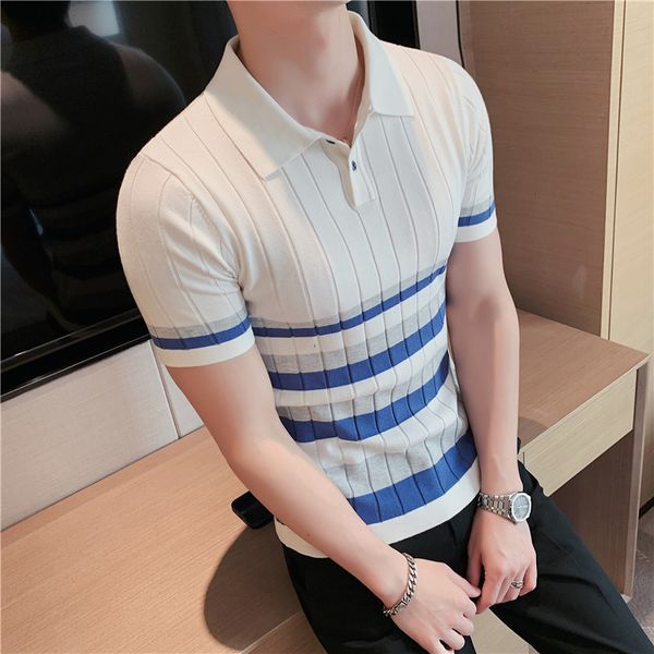 

men's polos british style men's fashion lce silk stripe knitting polo shirts/male slim fit short sleeve leisure polo shirts s-3xl, White;black