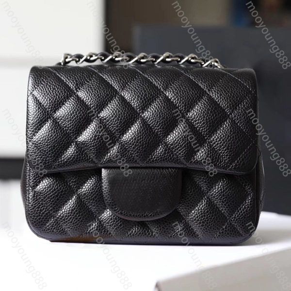 

10A Top Tier Quality Mini Square Flap Bag Designers Womens Real Leather Caviar Lambskin Classic Black Purse Quilted Hangbags Crossbody Shoulder Gold Chain Box Bags, 17cm black caviar