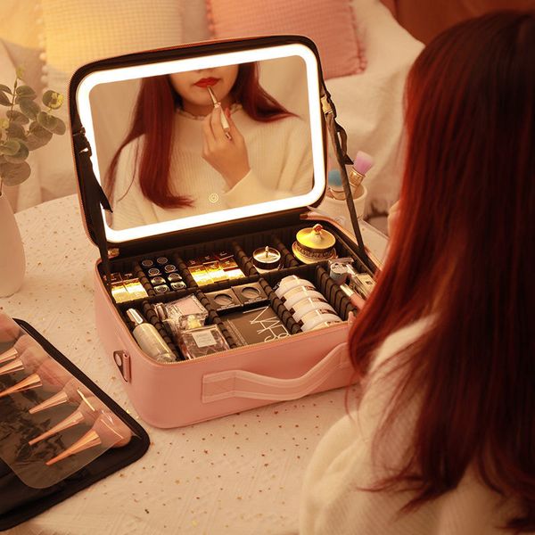 

cosmetic bags cases smart led makeup bag with mirror large capacity professional waterproof pu leather travel case for women 230316