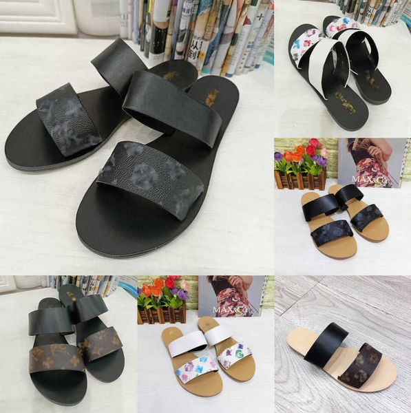 

2023 designer leather womens sandals bom dia flat mule monograms flowers cool effortlessly stylish slides 2 straps summer beach bathing slip, Black