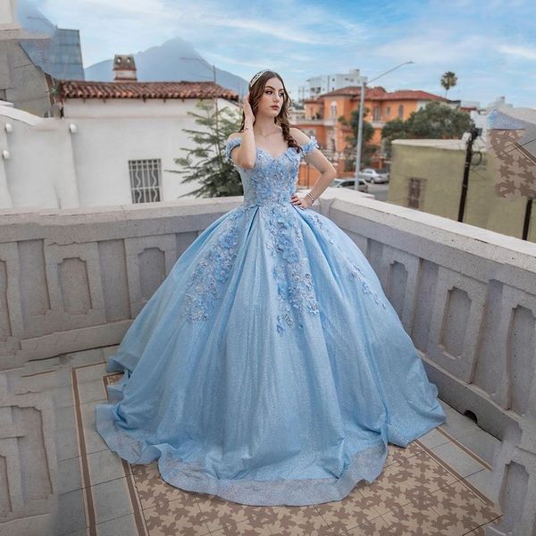 

sky blue quinceanera dresses corset ball gown beaded 3d flowers formal prom birthday gowns princess sweet 15 16 dress vestidos, Blue;red