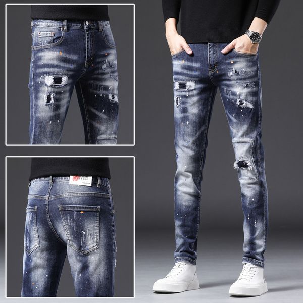 

2023 men's jeans new men wear with holes stickers hip-hop street fashion small straight jeans men pants trousers gzhdshx35, Blue