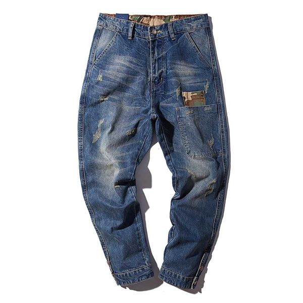 

men's jeans men harem jeans loose baggy casual joggers plus size hip hop denim pants camouflage patchwork streetwear trousers man cloth, Blue