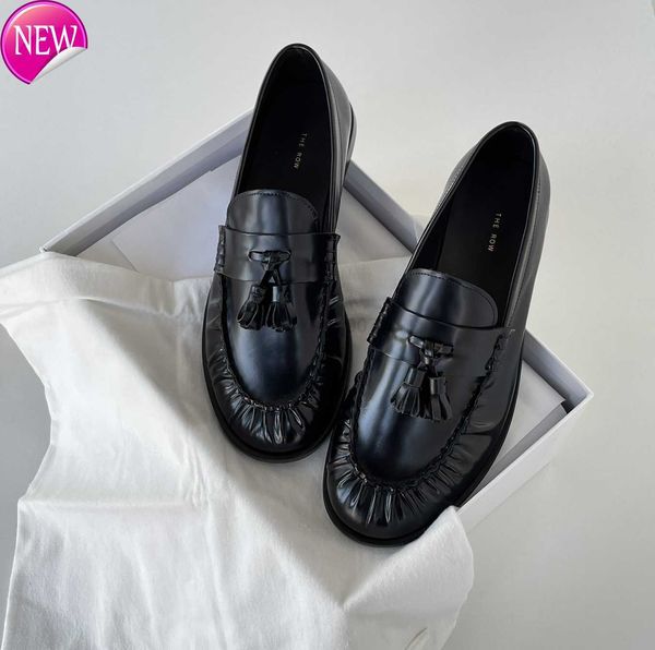 

new niche the row genuine leather tassel lefu shoes british style flat heel comfortable round toe small leather shoes, Black