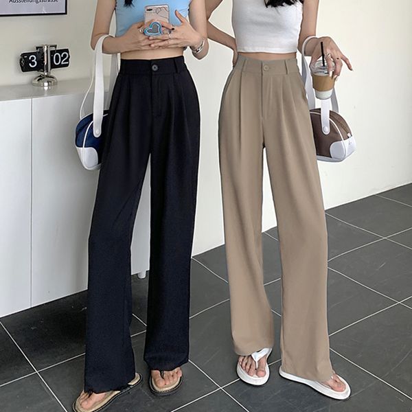 

women's pants capris rimocy straight wide leg women's pants korean style high waist pants for women solid color loose suit trouser, Black;white