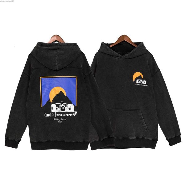 

autumn and winter washed old hooded high version rhude sunset racing print street co-branded long-sleeved sweater0oic, Black