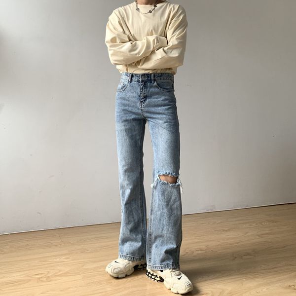

men's jeans men broken hole small boot cut casual denim pant male streetwear hip hop vintage fashion loose jeans trousers 230316, Blue