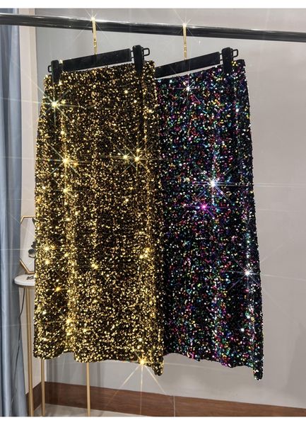 

skirts thickened french highwaisted slim versatile midlength skirt with hip wrap slit black sequin skirt for women 230314