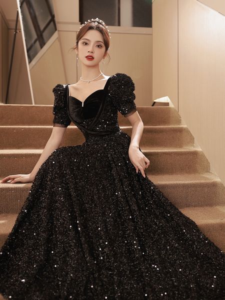 

graceful black prom dress shiny sequined square collar sweetheart a-line pearl puff sleeve long evening performance gowns woman