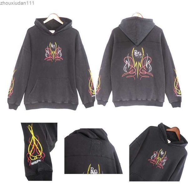 

american style wash water make old fashion couple hooded sweater street rhude hoodie oversiz drop shoulder coat8jcs, Black