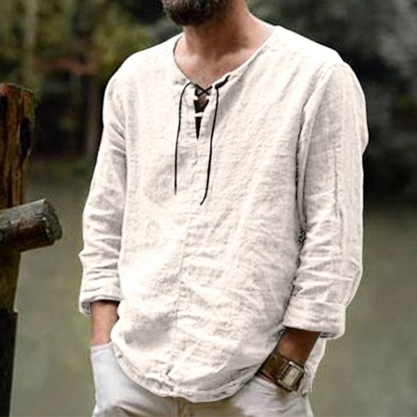 

mens tshirts dihope cotton linen drawstring t shirt mens v neck blouse solid color long sleeves casual cool costume for men s3xl 230316, White;black