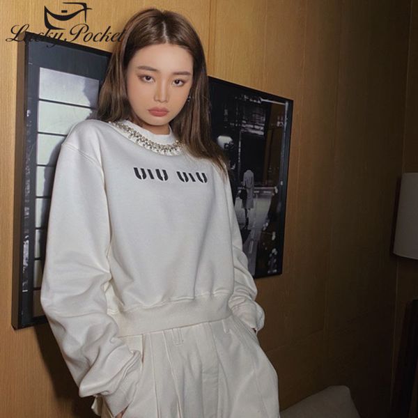

womens hoodies sweatshirts women autumn fashion letter print diamond sweatshirt white female loose casual cotton pullovers plus size ladies, Black