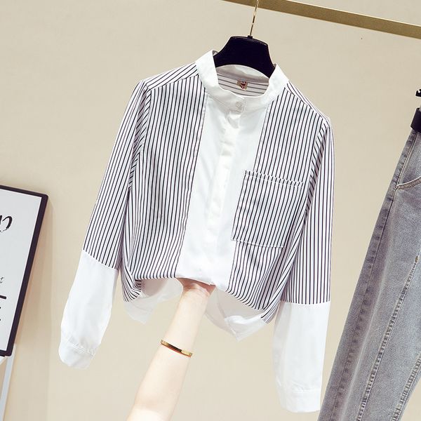 

women's blouses shirts women spring stripe stitching chiffon shirt stand-up collar pocket black and white stripes long-sleeved shirt bl