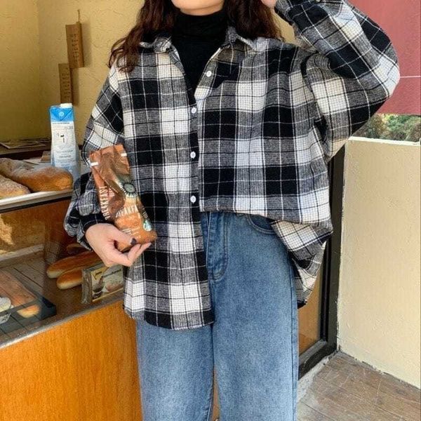 

women's blouses shirts women blouses turn-down collar spring shirts plaid all-match bf batwing-sleeve loose outwear harajuku female 4 c, White