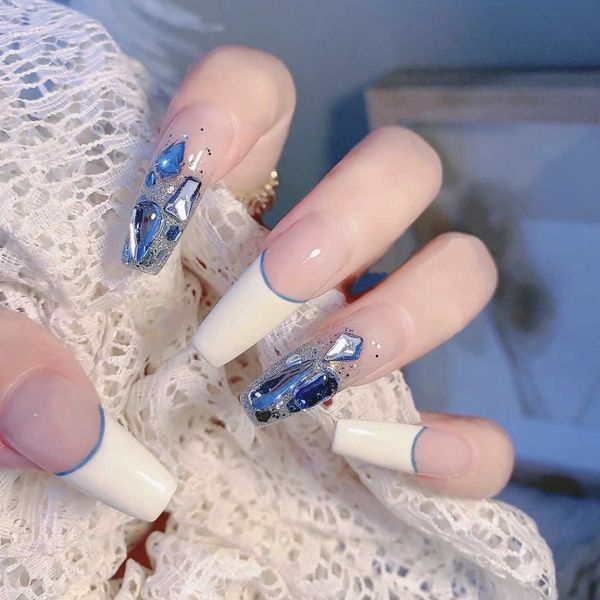 

false nails ballet nail wearable false blue flash diamond sticker finished removable patch 230317, Red;gold