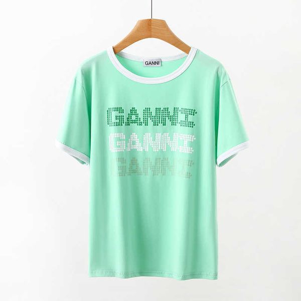 

ganni 2023ss women designer t shirt light green letter printing casual fashion short-sleeved t-shirt for women, White
