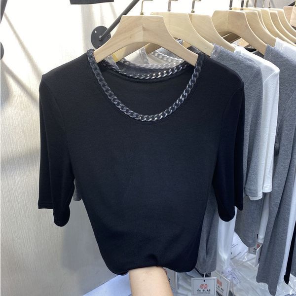 

women's t-shirt woman tshirts women's round neck iron chain short-sleeved t-shirt spring crop mujer camisetas 230317, White