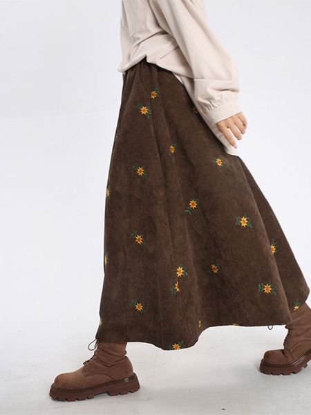 

skirts korean style high waist corduroy embroidery long women autumn winter loose floral aline casual retro elegant 230317, Black