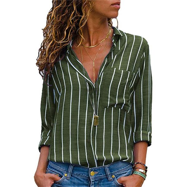 

women's blouses shirts s-3xl women striped blouses shirt ladies long sleeve blouse shirts casual pockets chemisier femme blusas mujer, White