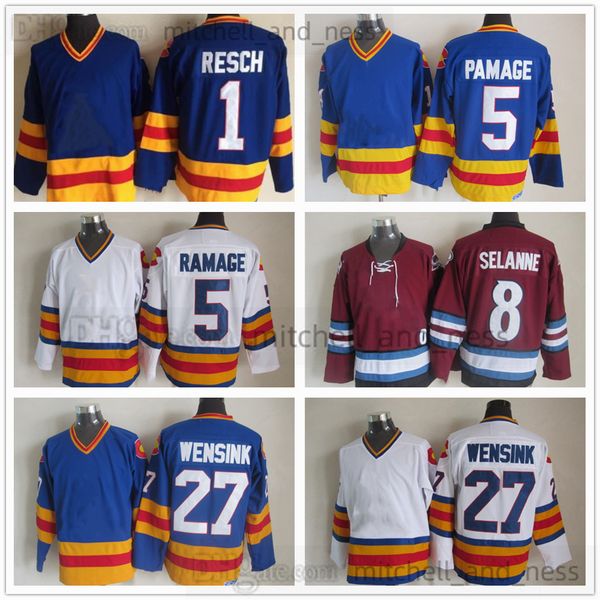

movie vintage hockey jersey retro ccm embroidery 5 rob ramage jersey 27 john wensink 8 teemu selanne 1 glenn resch red jerseys, Black;red