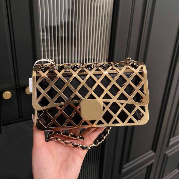 

designer bag luxury handbag women chain hollow metal box clad leather purse double letter logo