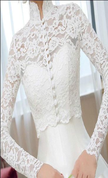 

solovedress lace appliques long sleeves bridal wedding jacket shawl bolero wraps high neck vintage bride wraps wedding dress acces7689458, White