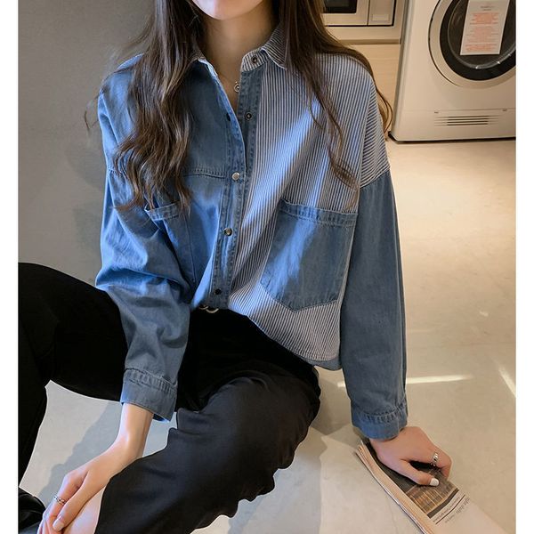 

women's blouses shirts spring autumn loose blue denim blouse women big size fashion casual vintage long sleeve jeans shirt female stre, White