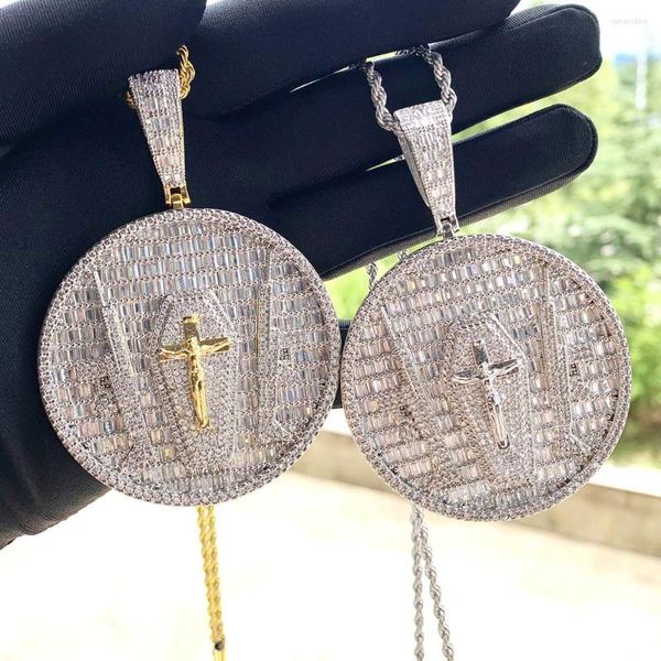 

chains full paved bling 5a cz pendant gun jesus big round shaped charms gold plated hip hop iced out rock punk jewelry, Silver