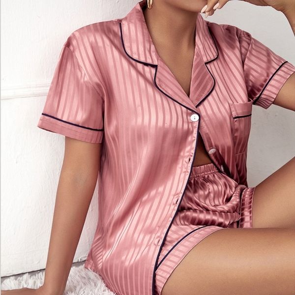 

women's sleepwear pajama set women's striped silky satin pajamas short sleeve with shorts sleepwear pj set underwear s-2xl 230316, Black;red