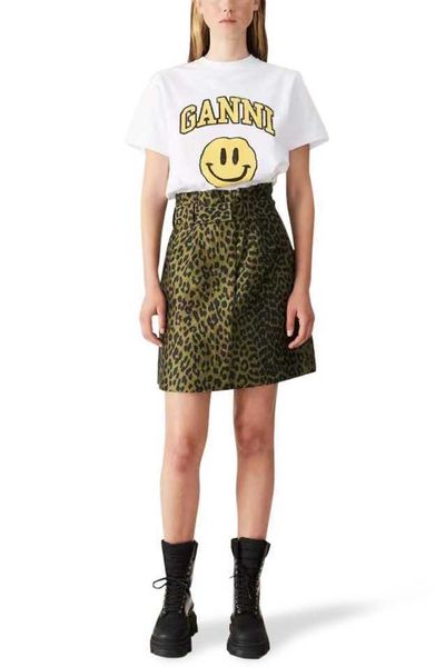 

women's t-shirt ganni 2023ss women designer t shirt rainbow small flower print gray casual short sleeve crop top, White