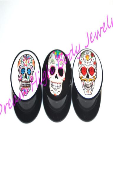 

sugar skull plugs acrylic ear gauge ear plugs flesh tunnels screw expander hollow stash popular body piercing jewelry new style3028243, Silver