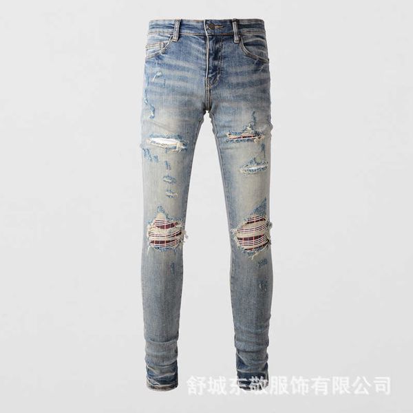 

jeans mens am1r1 trousers pants mirri ripped fashion designer brand new men's white embroidery patch elastic slim denim hip hop high eb, Blue