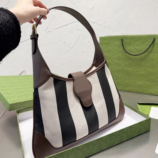 

hobo armpit bag large capacity shoulder bags women stripes handbags metal hardware letter hasp interior zipper pocket vintage linen leather