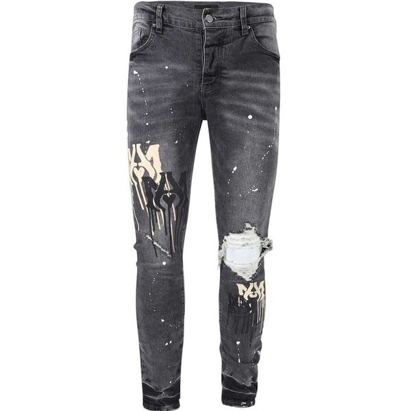 

jeans mens am1r1 trousers pants mirri ripped fashion designer brand new men's white embroidery patch elastic slim denim hip hop high 6u, Blue
