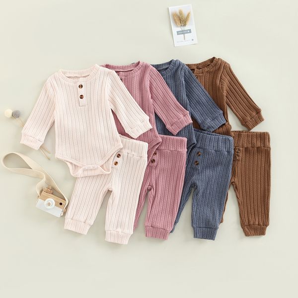 

clothing sets -08-16 lioraitiin 0-24m born infant baby girls pants set ribbed long sleeve crew neck romper elastic waist pants 230317, White