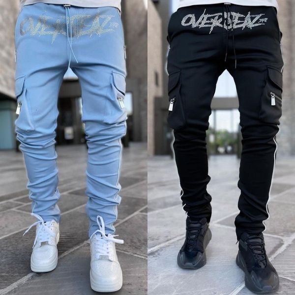 

men's pants cargo high street hip-hop personality trendy overalls casual jeans man pants fitting reflective trousers 230317, Black