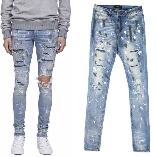 

jeans mens am1r1 trousers pants mirri ripped fashion designer brand new men's white embroidery patch elastic slim denim hip hop high 1r, Blue