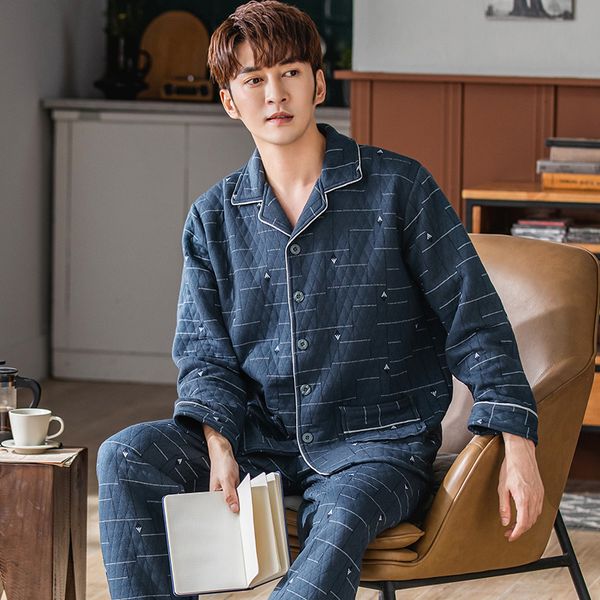 

men's sleepwear men laminated air cotton pajamas male geometry print warm pyjamas thin quilted suit long sleeve pajama winter leisure w, Black;brown