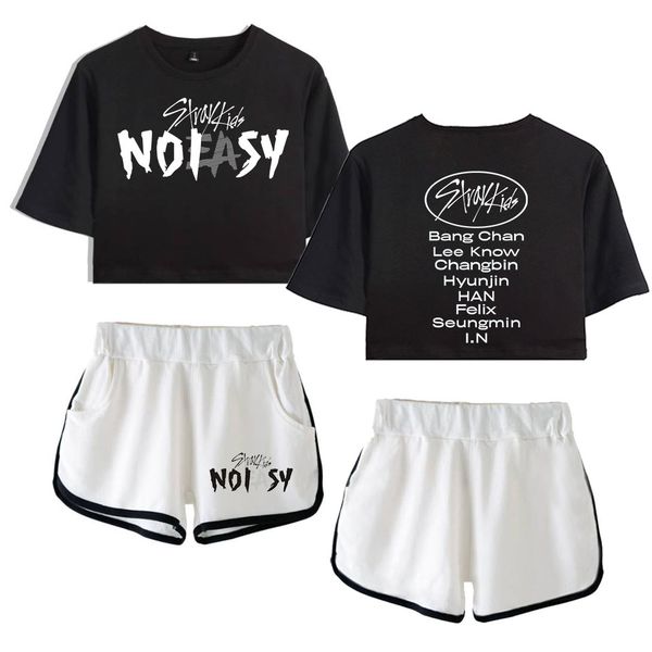 

womens two piece pants harajuku stray kids skz noeasy print short sleeve cool shortslovely tshirts dew navel pretty girl suits two piece set, White