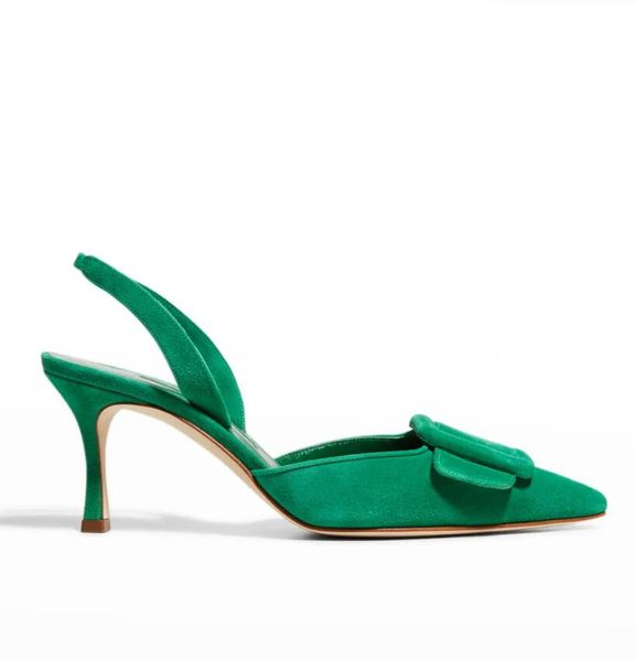 

amina muaddi heel pump women slingback pop sandal maysli buckle slingback pumps leather and suede shoes wedding party classic pointed comfor, Black