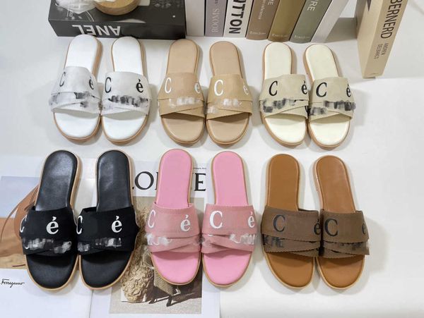

2023 outdoor slipper shoes women chioe cloe woody tote mules flat sandals slides designer cross band canvas slippers beige white black size