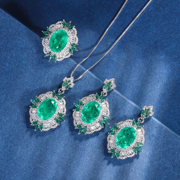 

vintage imitation emerald paraiba ring earrings & necklace crystal wedding jewelry sets plated luxury mossaic jewelry 2sets/lot, Silver