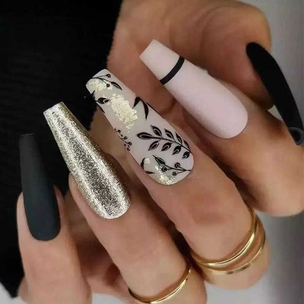 

false nails wear nail polish scrub leaves gold powder plate and fake 230317, Red;gold