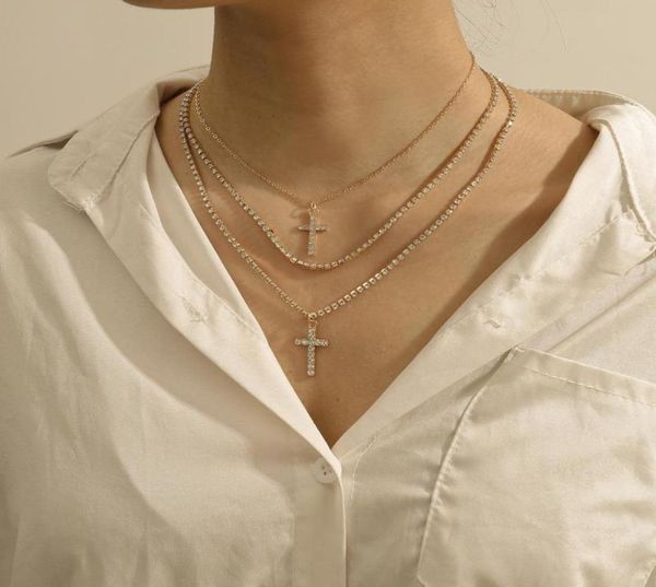 

pendant necklaces multi layer shiny crystal cross necklace luxurious rhinestones female jewelry punk hip hop neck collar gift4810377, Silver