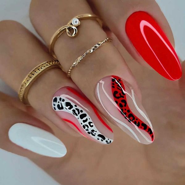 

false nails wearing nail printing color patch removable enhancement medium length almond water drop fake 230317, Red;gold