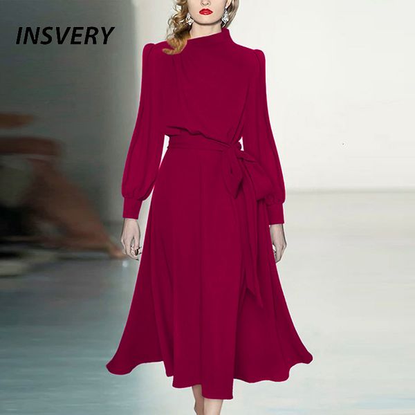 

casual dresses autumn women elegant a-line long dress long sleeve solid office dress women fashion boho lace up casual party dresses red 230, Black;gray